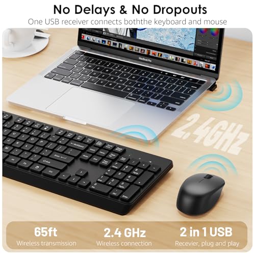 BKA BYA Wireless Keyboard and Mouse Combo,Full Size Quiet Bluetooth Keyboard and Mouse, 2.4GHz USB Receiver, Cordless Silent Keyboard and Mouse for PC, Windows, MAC, Laptop, Black