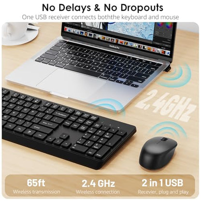 BKA BYA Wireless Keyboard and Mouse Combo,Full Size Quiet Bluetooth Keyboard and Mouse, 2.4GHz USB Receiver, Cordless Silent Keyboard and Mouse for PC, Windows, MAC, Laptop, Black
