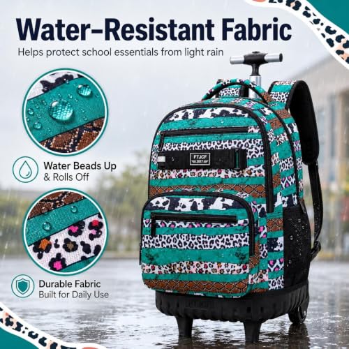 gxtvo Rolling School Backpack for Girls, Women Roller Bookbag with Lunch Box for Adults, Water Resistant Wheeled School Bag for College Teens Kids Travel - Leopard Print & Green Stripe - color: Leopard Print Green Stripe