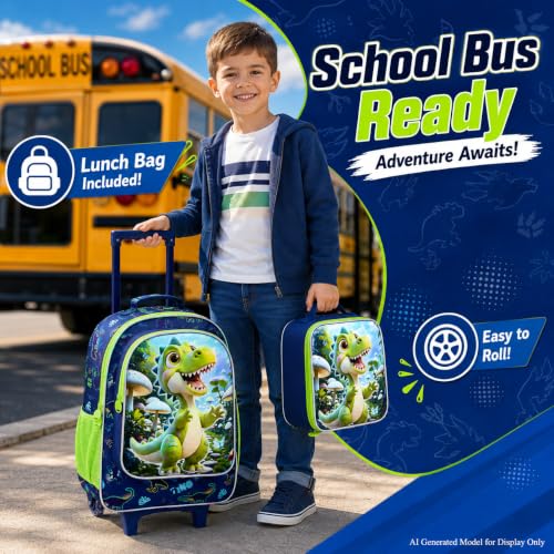 WZLVO 3PCS Boys Rolling Backpack, 18" Dinosaur Print School Bag with Wheels, Includes Matching Lunch Bag & Pencil Bag - Green Dino Adventure - color: 3PCS Boys Rolling Backpack - Green Dino Adventure
