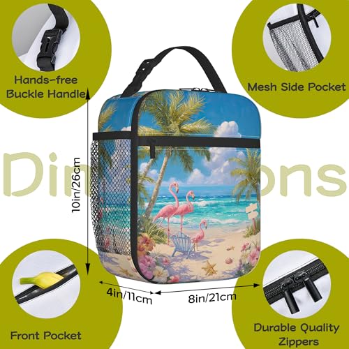Tropical Pink Flamingo Beach Lunch Box Bag, Palm Tree Lunchbag Portable Lunch Bag,Reusable Insulated Freezer Lunch Bag for Men Women Kids Picnic Camping and Work - color: Tropical Pink Flamingo Beach