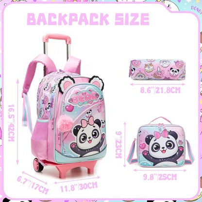 Meetbelify Girls Cute Backpack with Wheels for Elementary Students Kids Black Travel Luggage - color: Blue Panda