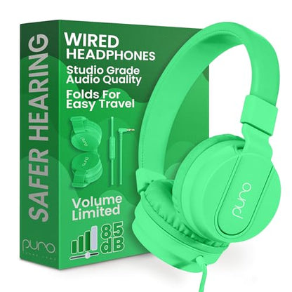 Puro Sound Labs Kids Wired Headphones – Volume-Limiting & Adjustable, Safer & Comfortable Headphones for Kids – Compatible with PCs, Smartphones & Tablets, Ideal for School & Travel – PuroBasic, Green - color: Green