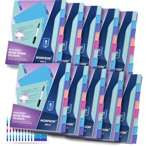 8 Tabs Durable Plastic Write & Erase Large Tabs Dividers for 3 Ring Binders, Rectangle Binder Dividers with Sticker for Study, Teacher, Office, Home Organizers (Multi A, 10 Set (80 Tab)) - size: 10 Set (80 Tab)