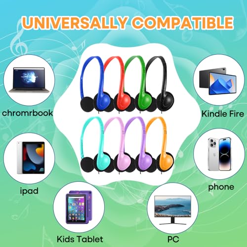 Kids Headphones Bulk 5 Pack for School Classroom Students, Wired On-Ear Headset Class Set for K-12 Teachers Children Teens, 3.5mm Jack for Chromebook Laptop Computer PC (HY857, 5 Mixed)
