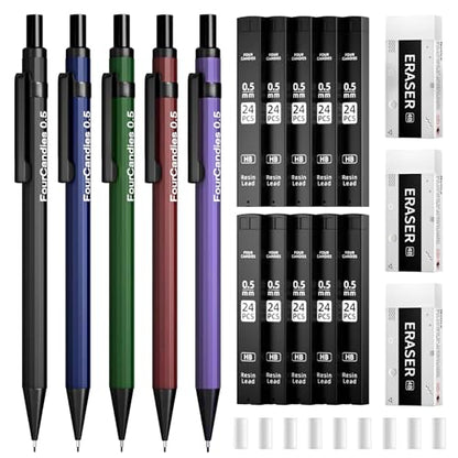 Four Candies Metal Mechanical Pencils 0.5, with #2 Pencil Leads 0.5mm, Eraser Set and Eraser Refills, 19-Count Pack with Case, Back to School Supplies for Writing, Drafting, Drawing - size: 5 Count (Pack of 1), style: 0.5mm