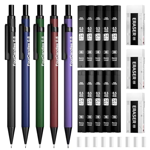 Four Candies Metal Mechanical Pencils 0.5, with #2 Pencil Leads 0.5mm, Eraser Set and Eraser Refills, 19-Count Pack with Case, Back to School Supplies for Writing, Drafting, Drawing - size: 5 Count (Pack of 1), style: 0.5mm