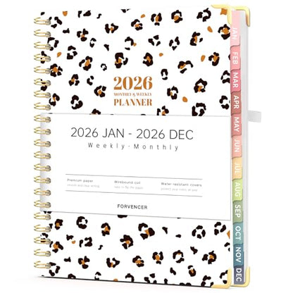 Forvencer 2026 Planner, Weekly and Monthly Calendar Planner for Women, Jan 2026 - Dec 2026, 8.5" x 11", Hardcover Planning Agenda book with Monthly Tabs, Spiral Bound, Inner Pocket, Cute Journal Organizer Notebook for Office School, A4 Size, Leopards - co
