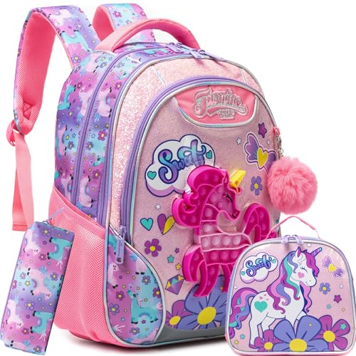 Backpack for Girls Elementary Preschool Kids Lunch Box for School - color: Uicorn Bag Rose a