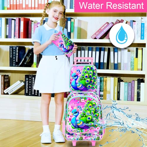 KLFVB Girls Bookbag with Wheels, 3PCS Kids Roller Backpack with Lunch Bag, Wheeled School Bag for Children - Peacock - color: Upgraded UV Printing Peacock Pink Rolling Backpack
