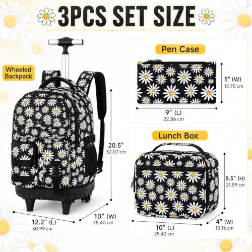 CCJPX Rolling Backpack for Girls, 3Pcs Roller Wheeled School Bookbag, Daisy Wheels Backpacks with Lunch Box for Kids (Black) - color: Daisy Black