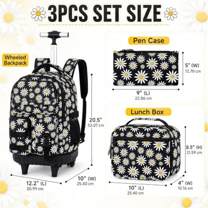 CCJPX Rolling Backpack for Girls, 3Pcs Roller Wheeled School Bookbag, Daisy Wheels Backpacks with Lunch Box for Kids (Black) - color: Daisy Black