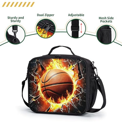 Fire Basketball Lunch Box for Boys Girls Black Lunch Bag with Shoulder Strap for Kids Teens Durable Large Capacity Insulated Lunchbox Thermal Meal Bag for School Picnic - color: A-S-basketball