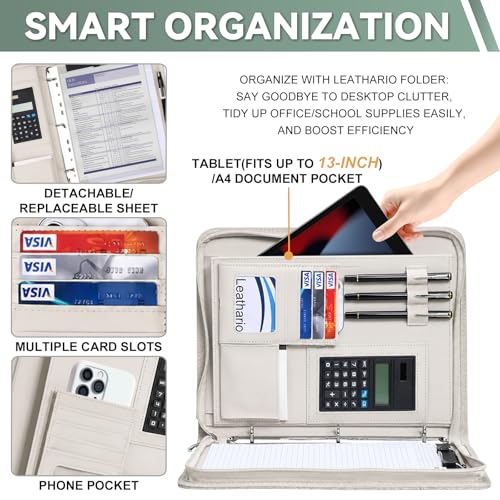 Leathario Portfolio Binder, Includes 5 Sheet Protectors and a Pen, 13 Inch Tablets Organizer, Vegan Leather A4 Padfolio, Multi-Pocket Notepad Business Planner Professional Document - color: Relief White