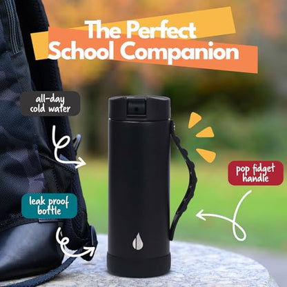 Elemental Iconic Kids Water Bottle for School - 100% Leak-Proof Insulated Water Bottles with Straw Lid & Pop-It Handle for Boys & Girls - Triple-Wall Insulated & BPA-Free, 14oz – Black | 14 oz black kids bottle has triple-wall insulation, straw lid, pop-i