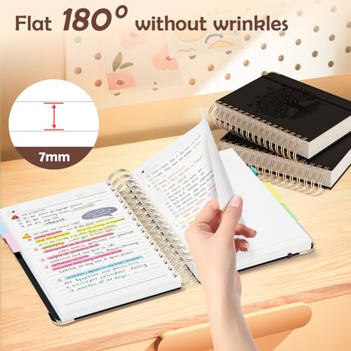 QIYVLOS Hardcover Spiral Notebook, A5 Journal with Removable Dividers Tabs, 5 Subject Notebook College Ruled, 320 Pages 6"x8" Leather Notebooks for Work School Study, Lined Journal for Women, Black - color: A5/Black