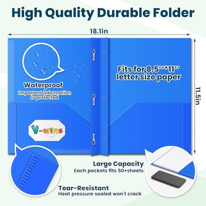 V-Opitos 30 Pack 2 Pocket Plastic Folders with 3 Prongs & Clear Front Pocket, Bulk Heavy Duty Folder with Fastener Clasps, Multicolor Folders for School and Office