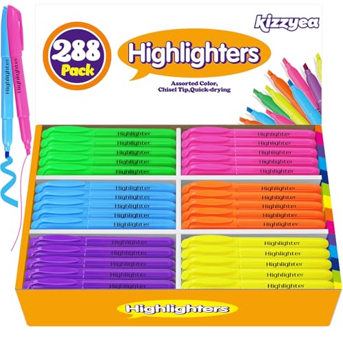 KIZZYEA 288 Pack Highlighters in 6 Assorted Colors, Chisel Tip Dry-Quickly Highlighters Bulk, No Bleed Highlighter Markers for Adult Kids, Office Classroom Must Have, School Supplies for Teachers