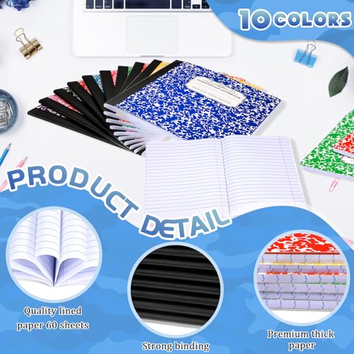 Seajan 20 Pack Composition Notebooks, Wide Ruled Paper, 7-1/2" x 9-3/4" Marble Hard Covers, 60 Sheets, Composition Notebooks Bulk for Students Back to School Adults Office Supplies(Colorful) - color: Colorful
