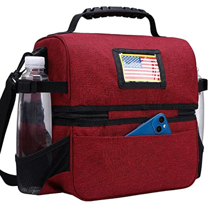 MIER Dual Compartment Lunch Bag Tote with Shoulder Strap for Men and Women Insulated Leakproof Cooler Bag, Dark Red - color: Dark Red