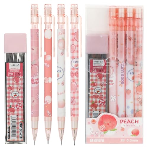 TIESOME Cute Pencil & Lead Refill Set, 4 Pcs Mechanical Pencil Cute, Peach 4 Mechanical Pencils Set for School, Office, Drawing and Gift (with 0.5mm Refills, Pink)