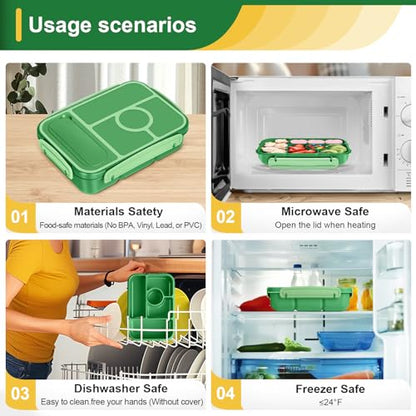 Amathley Bento Box Adult Lunch Box Kids,Lunch Containers for Adults/Kids/Toddler,5 Compartments Bento Lunch Box with Sauce Vontainers,Microwave & Dishwasher & Freezer Safe,BPA-Free (Emerald green) - color: Emerald Green