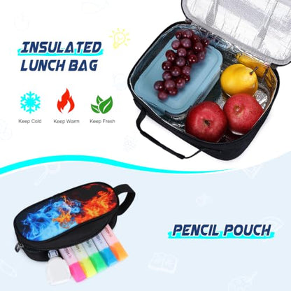 Scothen 3PCS Rolling Backpack for Boys, Cool Gamer Roller Backpack with Wheels, Kids Boy Wheeled Backpacks with Lunch Bag Pencil Case for Teens Bookbag Kindergarten Elementary Middle School - color: Red Blue Flame