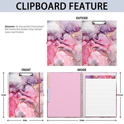 Rimilak Spiral Clipboard Folio with Refillable Lined Notepad, 14.5 x 9.8 in, Hardcover Cover with 5 Interior Pockets, Elastic Band and Pen Loop Series. Cute Stylish Clipfolio, Pink Gold Marble - color: Pink Flow Marble
