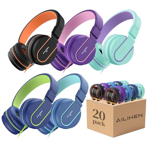 AILIHEN Classroom Headphones Kids Headphones for K-12 School Class Sets (20 Pack), On-Ear Premium Student Durable Bulk Headphones - 93dB Volume Limited, 3.5mm Jack for Chromebooks Laptop Computer - color: 20Pack