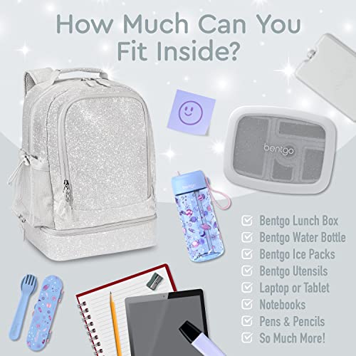 Bentgo Kids 2-in-1 Backpack & Insulated Lunch Bag - Glitter Designed 16” Backpack for School & Travel -, Durable, Water Resistant, Padded, & Large Compartments (Glitter Edition - Silver) - color: Glitter Edition - Silver