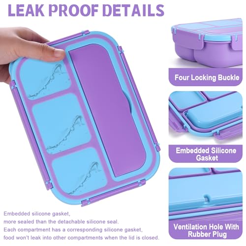 shell and turtle Bento Box for Kids Girls Boys, Bento Box Adult Lunch Box with 4 Compartments, Lunch Containers with Utensils, Sauce Jar, Muffin Liners for School, 40 Oz/5 Cup, Purple - color: Purple