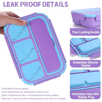 shell and turtle Bento Box for Kids Girls Boys, Bento Box Adult Lunch Box with 4 Compartments, Lunch Containers with Utensils, Sauce Jar, Muffin Liners for School, 40 Oz/5 Cup, Purple - color: Purple