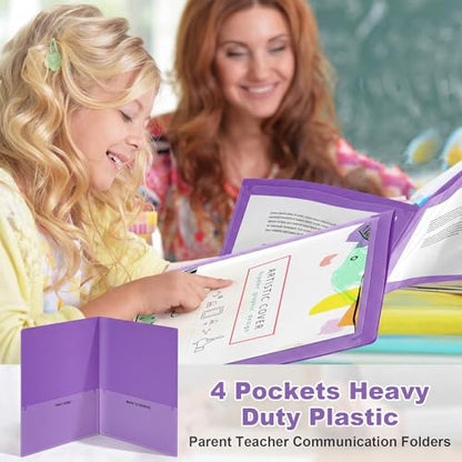 Henoyso 24 Pcs Plastic Folders with Clear Front Pockets Heavy Duty Take Home Back to School Pockets Homework Folders for School Students Parent Teacher Classroom Communication (Purple) - color: Purple