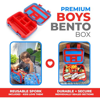 kinsho Bento Lunch Box for Kids Toddlers Boys, 5 Portion Sections Secure Lid, Microwave Safe BPA Free Removable Tray, Pre-School Kid Daycare Lunches Snack Container Ages 3 to 5, Blue Pirates - color: Blue Pirate Bento