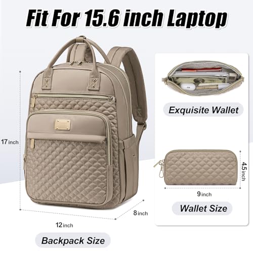 Tealari Laptop Backpack for Women,15.6 Inch Laptop Backpack for Work,Water Resistant Travel Backpack,College Bookbag with Wallet (Khaki) - color: Khaki