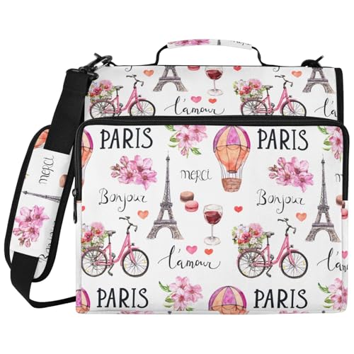 Zipper Binder Pink Blossom Flower Bicycle Eiffel Tower Air Balloon Paris Bag with Shoulder Strap 3 Ring Binder Organizer Large Capacity Multiple Pockets for School Office - color: Pink Paris