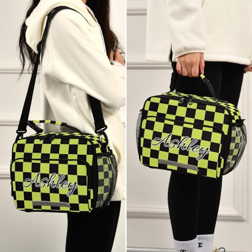 Custom Student Lunch Bag for Boys Girls Yellow Black Checkered Personalized Lunch Box With Name Insulated Cooler Bag for School Picnic Travel - color: Multi02