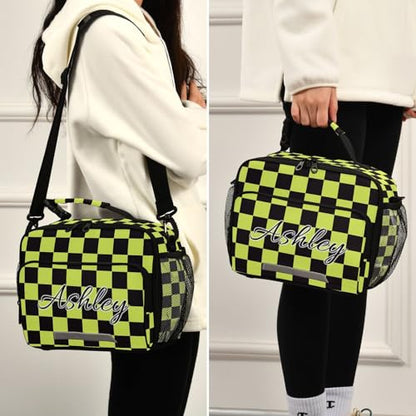 Custom Student Lunch Bag for Boys Girls Yellow Black Checkered Personalized Lunch Box With Name Insulated Cooler Bag for School Picnic Travel - color: Multi02
