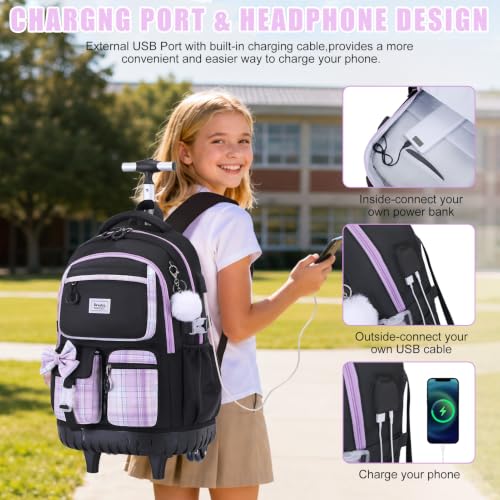 Bevalsa Rolling Backpack for Girls, Roller Backpack with Wheels, Cute Bow Wheeled School Bookbag Set with Lunch Bag & Pen Case, Suitcases for Kids Teens Elementary Middle Student (Black Purple) - color: Black Purple