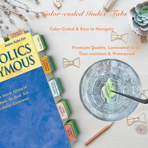 Upgraded Index tabs for Alcoholics Anonymous: The Big Book 4th Edition,90 Book Tabs, Color-Coded with Alignment Card & Page Numbers Sheet & Bookmark, Laminated Durable, Book Not Included
