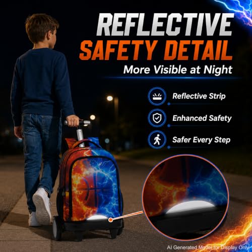 gxtvo Large Wheels & Quiet Glide | Rolling Backpack for Kids - Water-Resistant Wheeled Bag with Lunch Box for School, Travel & Outings - Fire & Lightning Basketball - color: Rolling Backpack Fire Lightning Basketball