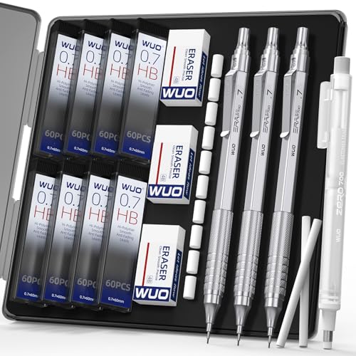 WUO Mechanical Pencils 0.7mm, 3 Silver Metal Drafting Pencils with 480 HB Lead Refills, Precision Eraser Pen, 4B Erasers & Case, Mechanical Pencils for Writing, Drawing, Sketching & School - color: Silver, size: 0.7