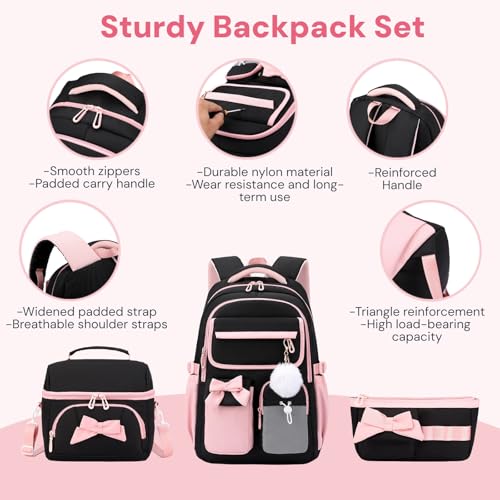 Girls School Backpack with Lunch Box Pencil Case Set, Cute Middle School Bag Teen Girls Backpack Bookbag for Kids, 3pcs Black - color: 3pcs Black