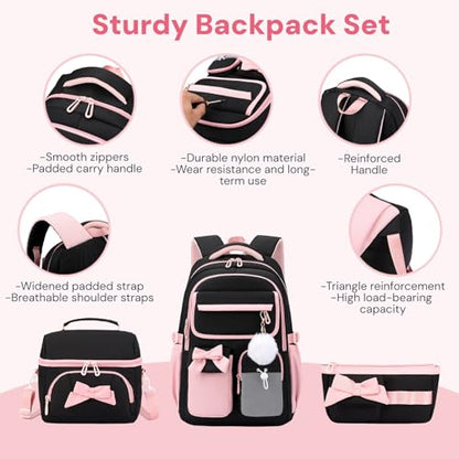 Girls School Backpack with Lunch Box Pencil Case Set, Cute Middle School Bag Teen Girls Backpack Bookbag for Kids, 3pcs Black - color: 3pcs Black