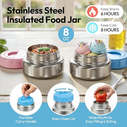 Stainless Steel Bento Lunch Box with 8oz Insulated Food Jar, 3 Compartment Metal Bento Lunch Container for Kids & Adults with Silicone Container and Food Thermo for Work & School, BPA-Free(Blue) - color: Blue