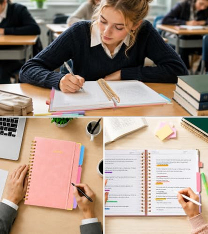 JASLEKO 3 Subject Notebook College Ruled with Dividers Tabs, 100 GSM Leather Hardcover Spiral Notebooks for School Work, 240 Pages Large Cute Notebook Journal for Women Men, College Students,Pink - color: Pink