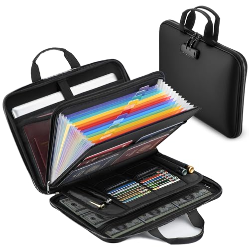 facka Fireproof Document Box with Lock, Hard-Shell Safe File Organizer | 13-Pocket Accordion Folder for Important & Legal Documents, Laptop, Passport, Cards & Valuables, Home Office Travel Black - color: Black