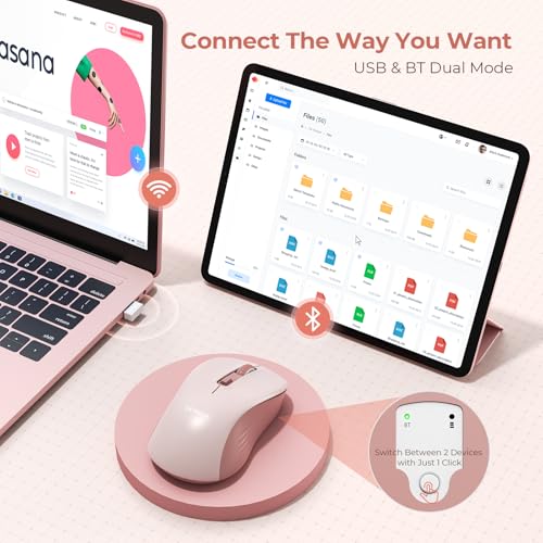seenda Bluetooth Wireless Mouse, Bluetooth & 2.4G USB Dual Mode, Quiet Clicks, 1600 DPI Smooth Tracking, Ergonomic Design, 24-Months Battery Life, Portable Mouse for Laptop/Mac/Ipad/PC/Tablet-Pink - color: Pink