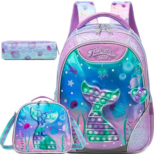 Backpack for Girls Elementary Preschool Kids Lunch Box for School - color: Mermaid Purple