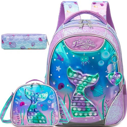 Backpack for Girls Elementary Preschool Kids Lunch Box for School - color: Mermaid Purple